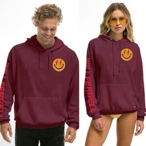 Aviator Nation Will Ferrell Bolt Smiley Relaxed Pullover Hoodie Plum Large